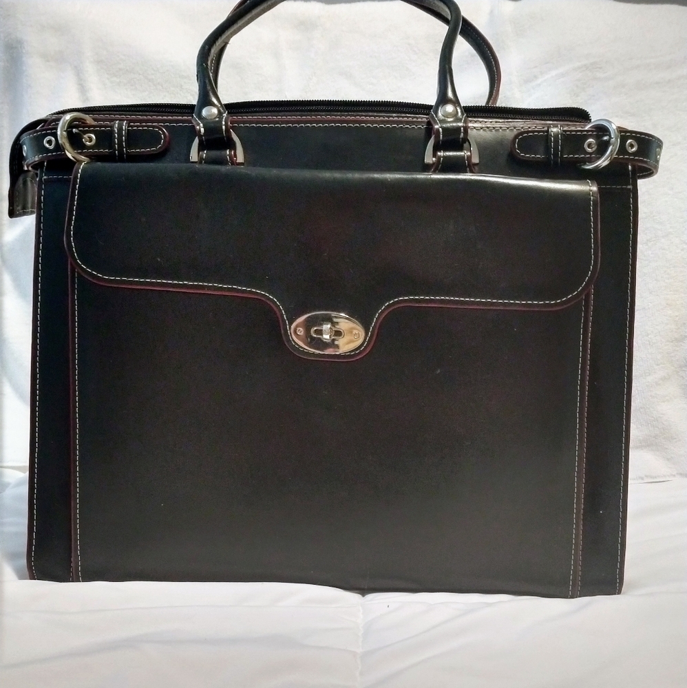 Black leather computer bag with red trim